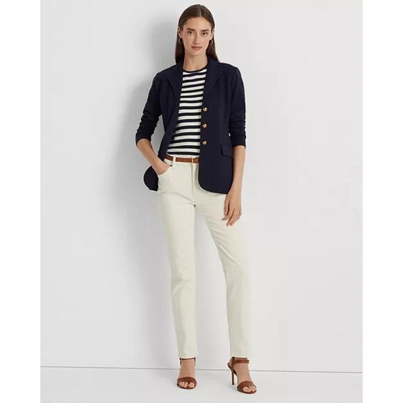 LAUREN RALPH LAUREN Navy Sweater-Knit Cotton-Blend Blazer Petite Small - Picture 8 of 12